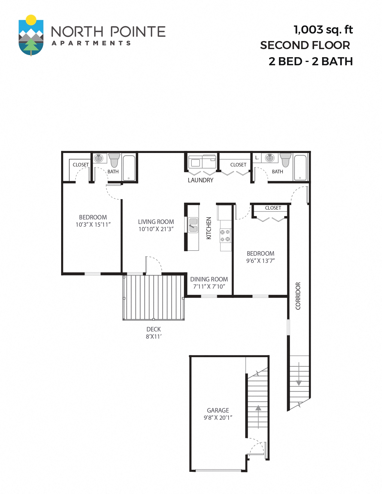 Floor plan for 2 beds, 2 baths, 1003 sqft